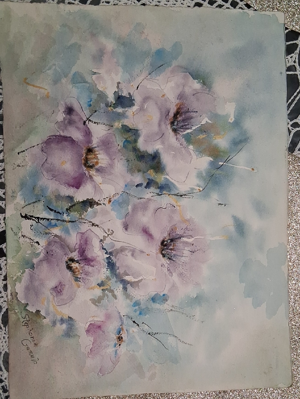 Floral Watercolor Art Print in Lavender and Blue - Original